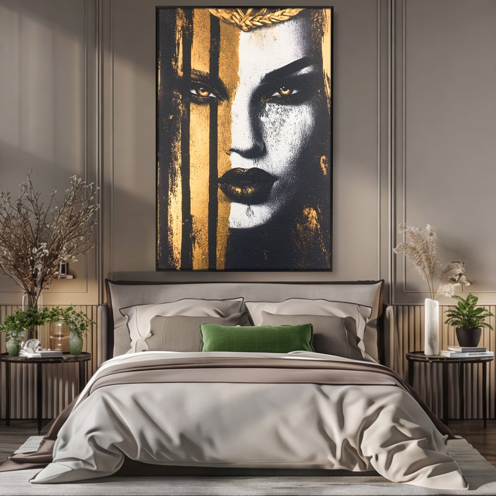 Tablou canvas cu tablou canvas cu portret feminin si foita de aur, in rama de aluminiu negru, pe perete intr-un dormitor